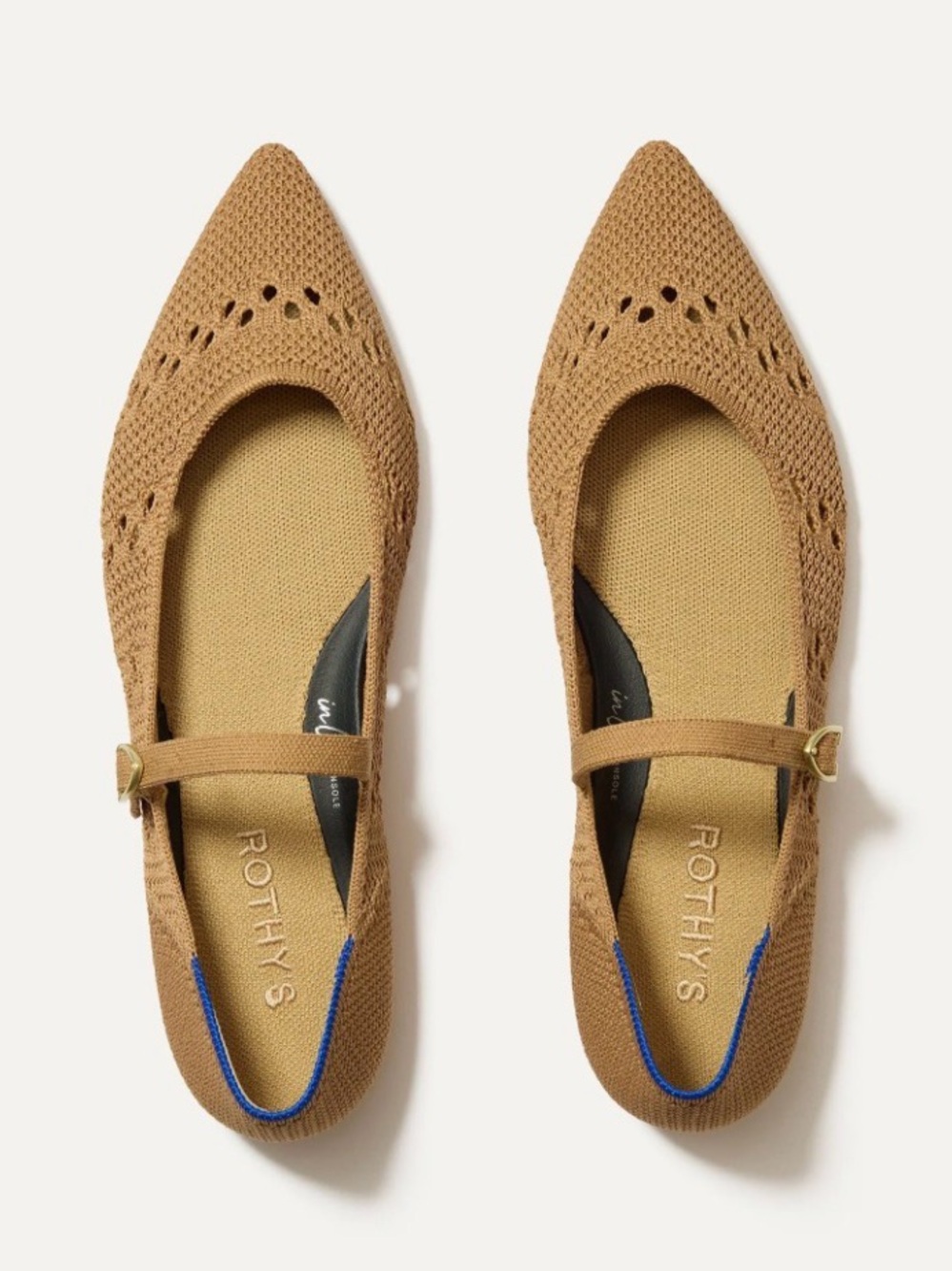 Rothy's Tan the Point Mary Jane Flats with Blue Trim